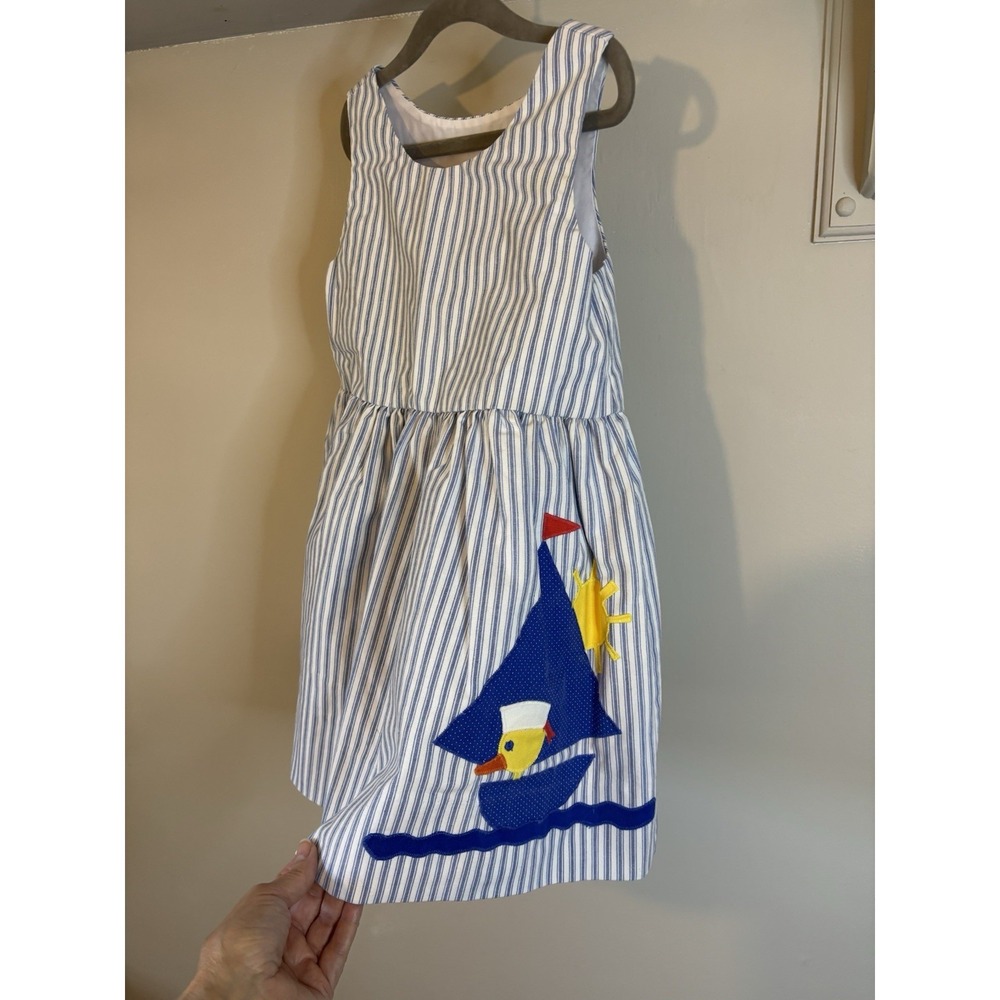VTG‎ CHOCOLATE SOUP Blue & White Stripe Jumper Dress 4T Yellow Duck Sail Boat